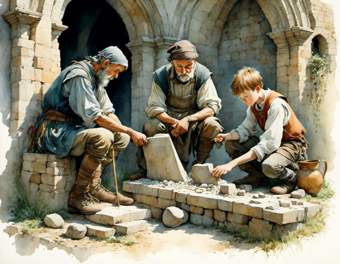 Medieval Master Stonemasons and Apprentice  by @Jim B