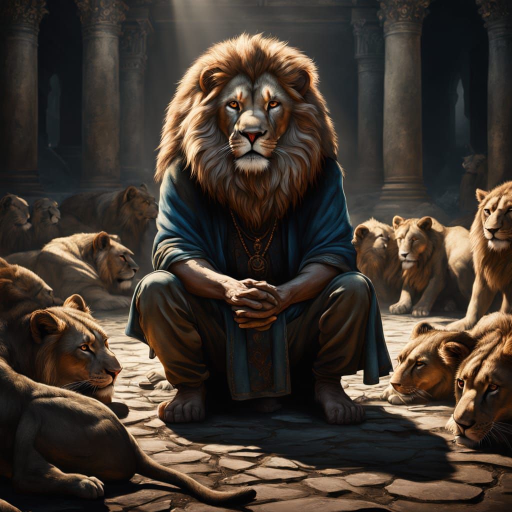 Faithful Man Kneels in Lion Pit Praying to God