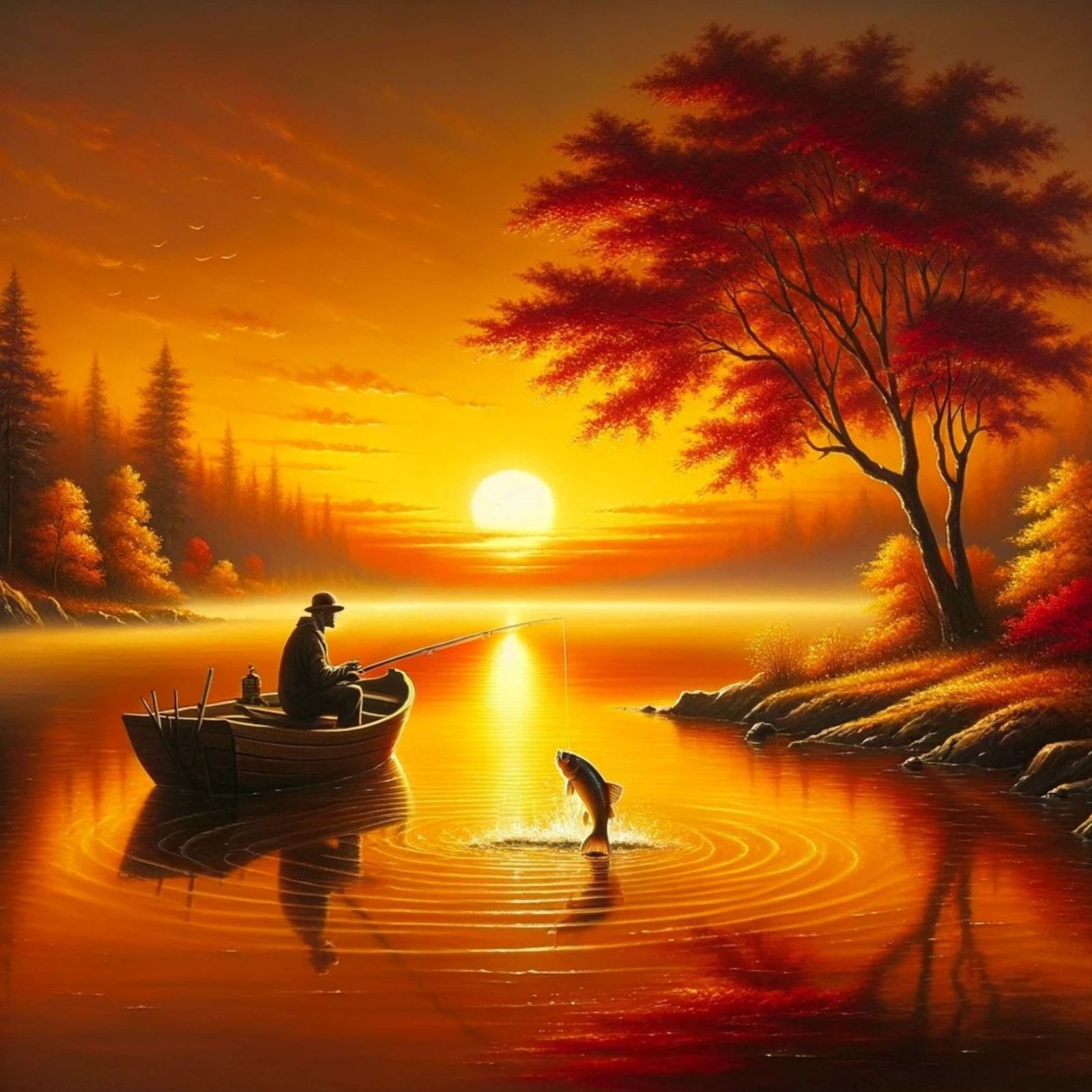 A tranquil autumn sunset over a calm lake, where a lone figure sits in a small wooden boat, fishing peacefully.