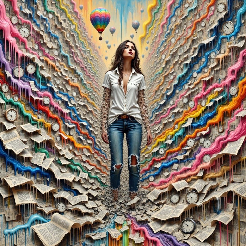 <lora:KakSurrealChaos:1.0>A surreal Mixed media, chaotic, newspaper prints, dripping paint scene