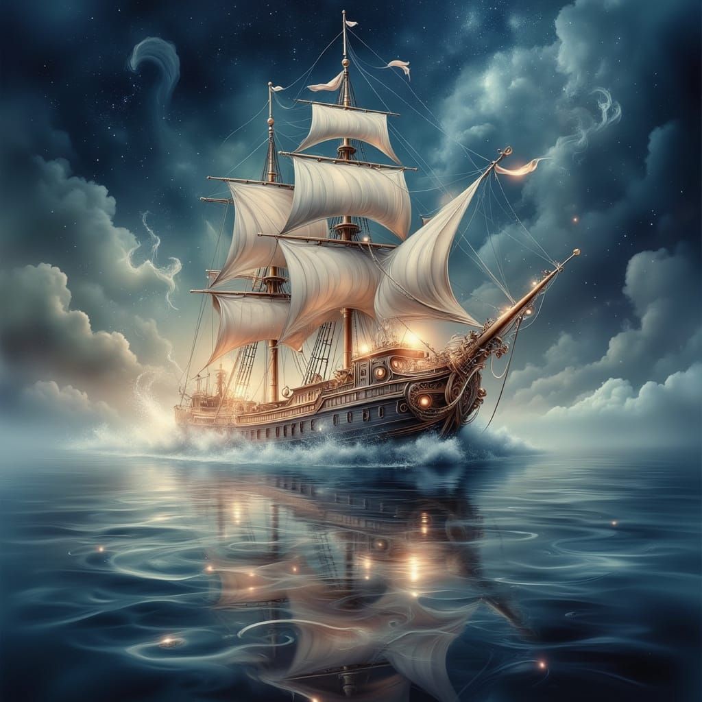 Steampunk Tall Ship in Dreamy Hazy Lake
