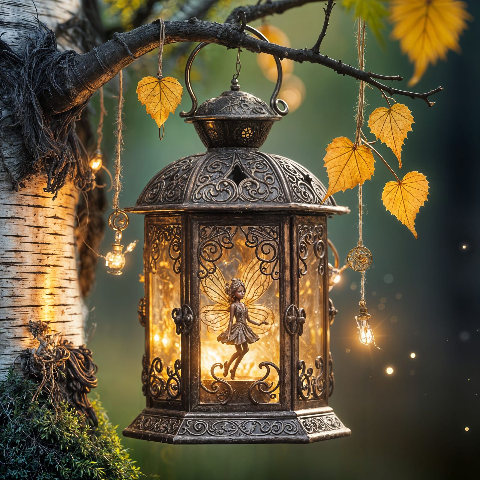 A vintage magical lantern hanging from a tree with a tiny fairy shining inside