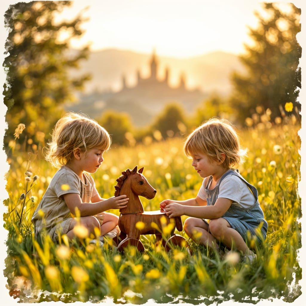 Children playing with a simple, hand-carved wooden toy horse in a sun-drenched meadow. The scene is filled with the warmth of innocence and ...