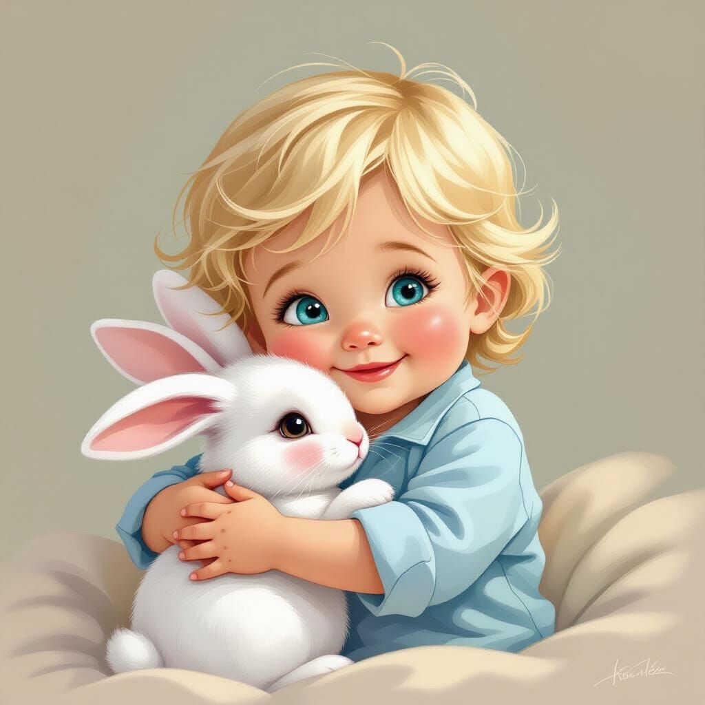 Joyful Blonde Baby Hugs White Bunny in Whimsical Style