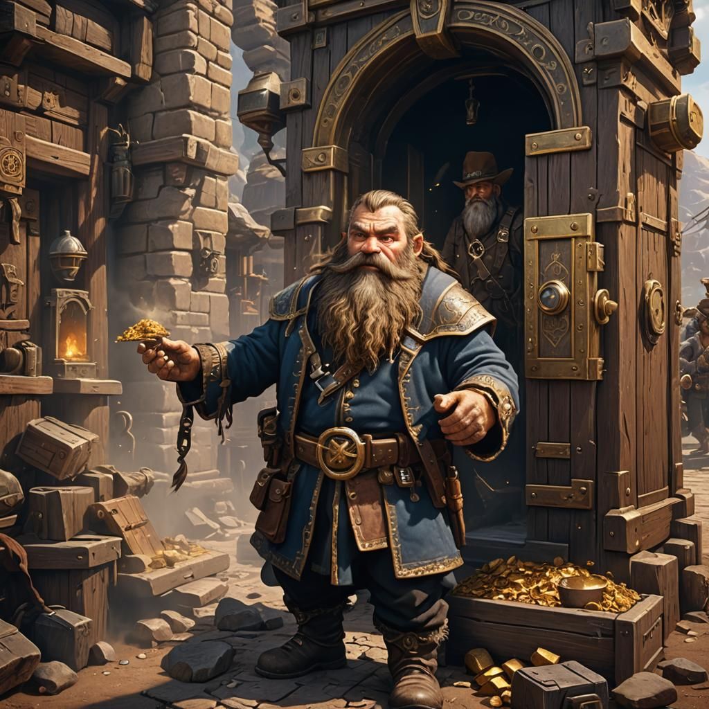 Dwarf with golden brown beard picking open a safe in old wes...