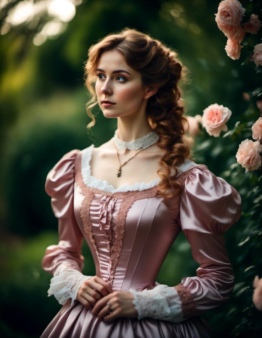 Beautiful young Victorian woman in a shiny satin dress, gard...