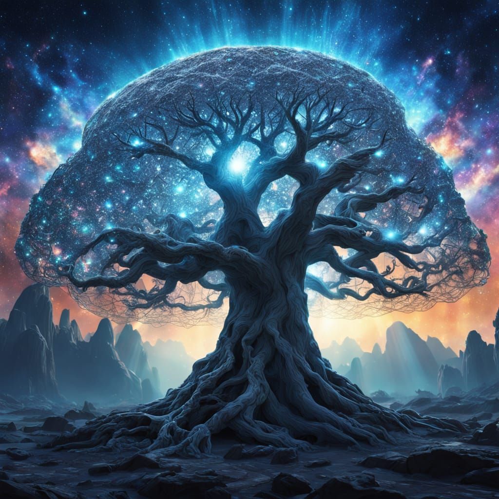 A colossal, ancient tree made of interwoven cosmic webs, its branches reaching into a nebula-filled sky. ...  by @Ginger