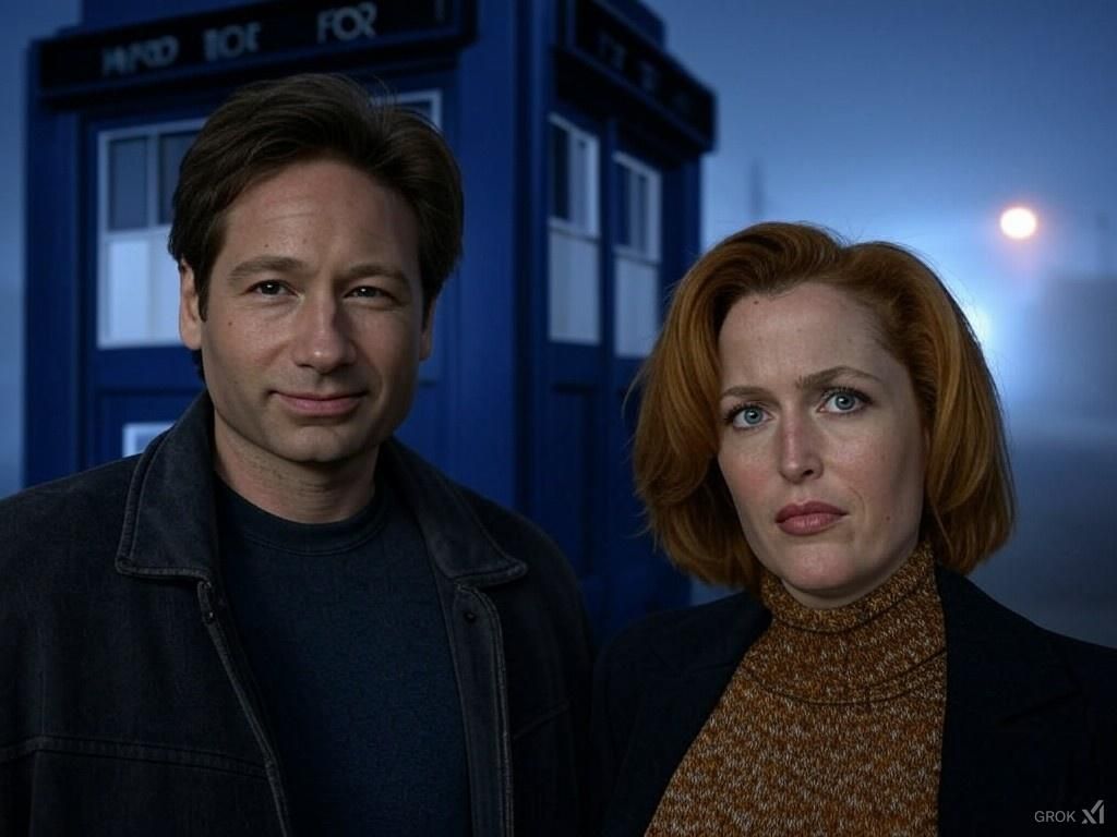 Fox Mulder and Dana Scully in front of the TARDIS