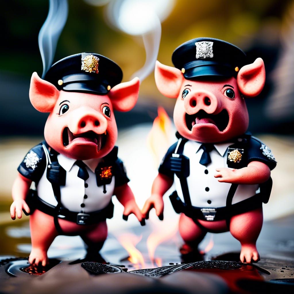 Two screaming bipedal pig-police officers sinking in a burni...