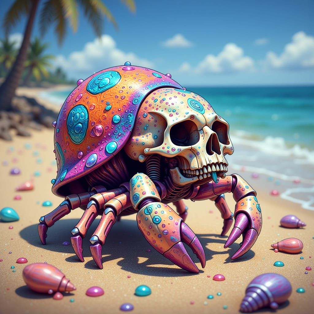 A hermit crab, wearing a vibrant human skull shell decorated with fuchsia, turquoise, and orange psychedelic patterns, sequins, sea glass, a...