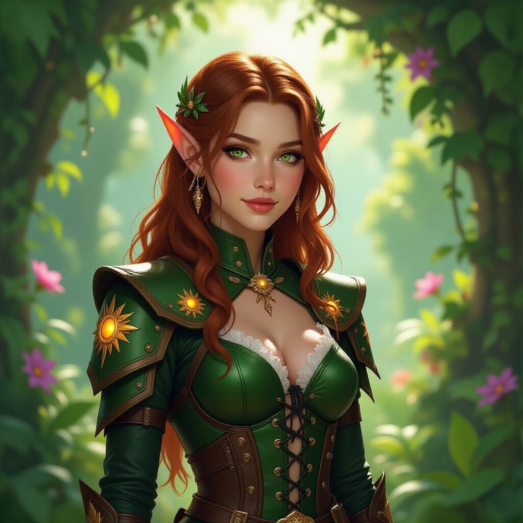 A young elven warlock stands alone in a faery garden. She wears studded leather armour that is deep green in colour, and is embossed with a ...