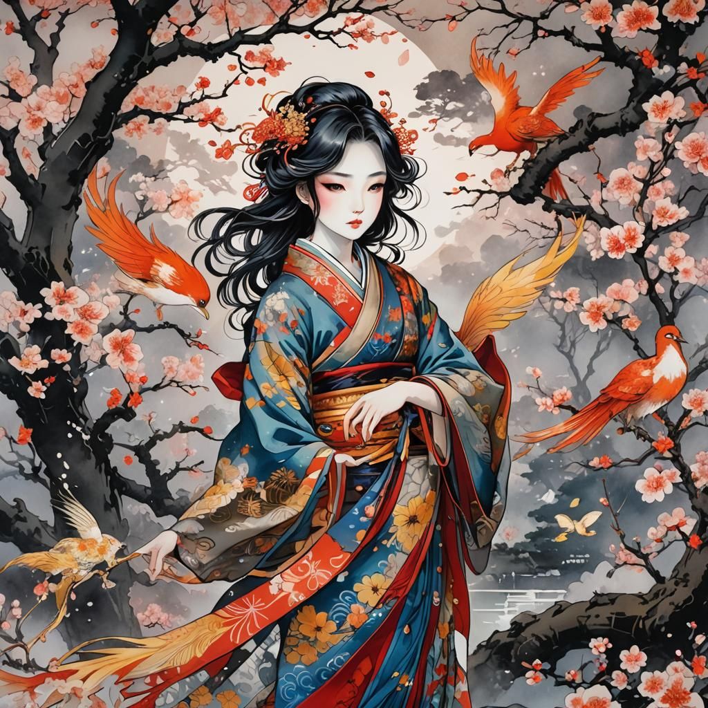 Ukiyo-e Phoenix in the cherry garden watercolors hyperdetailed 8k light at dawn establishing shot, alcohol ink comic illustration Jasmine Be...