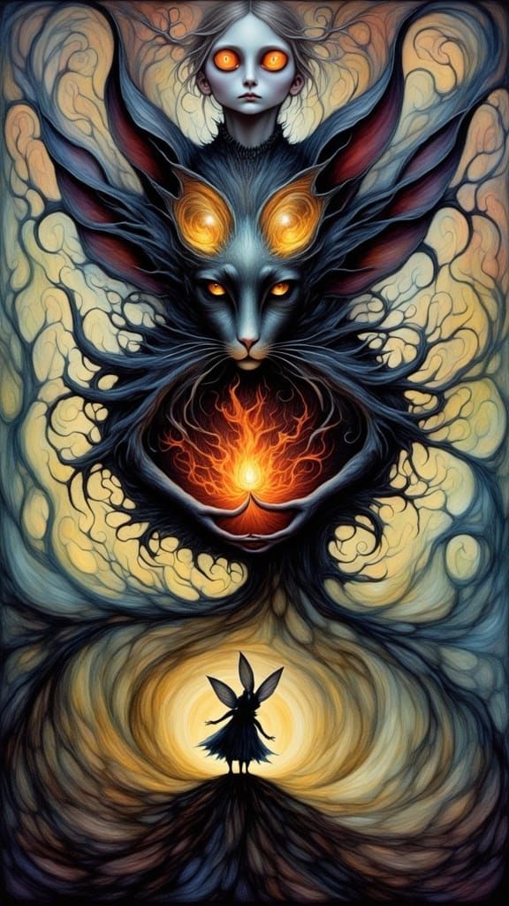 <lora:Flame Dusklings:1.0>  Flickering crackles  of  fire fey creatures in the dusk, a cat-like fairy rabbit fey with piercing eyes and gos...