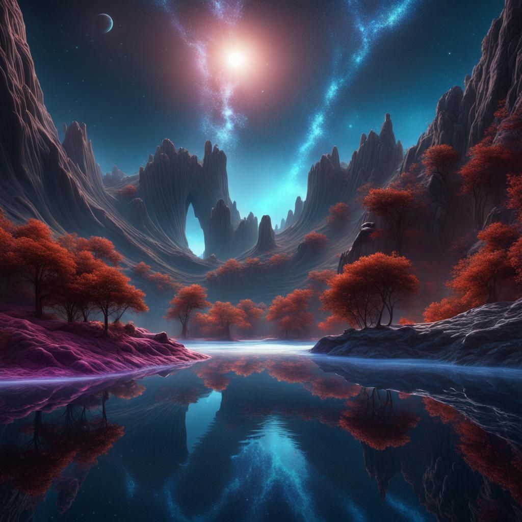 a surreal cosmic lake where galaxies reflect like shimmering...