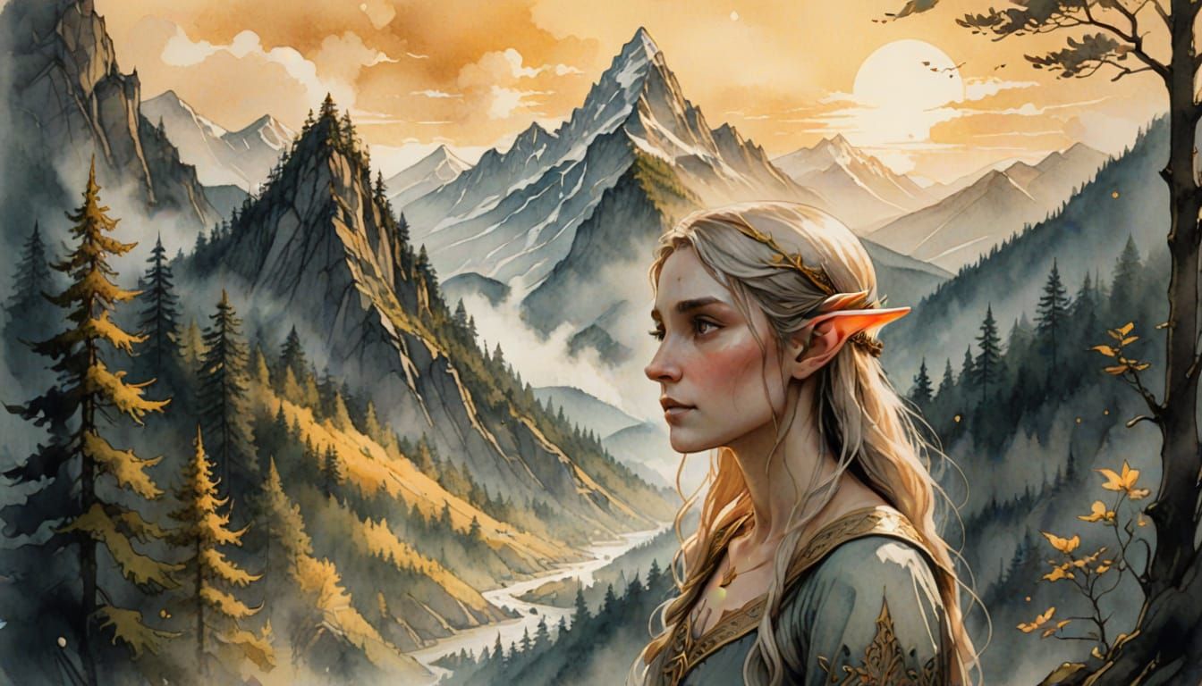 an elegant elf in forested mountains at sunset