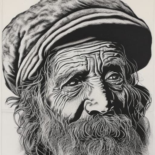 black and white ink drawing of a homeless person in 1950's N...