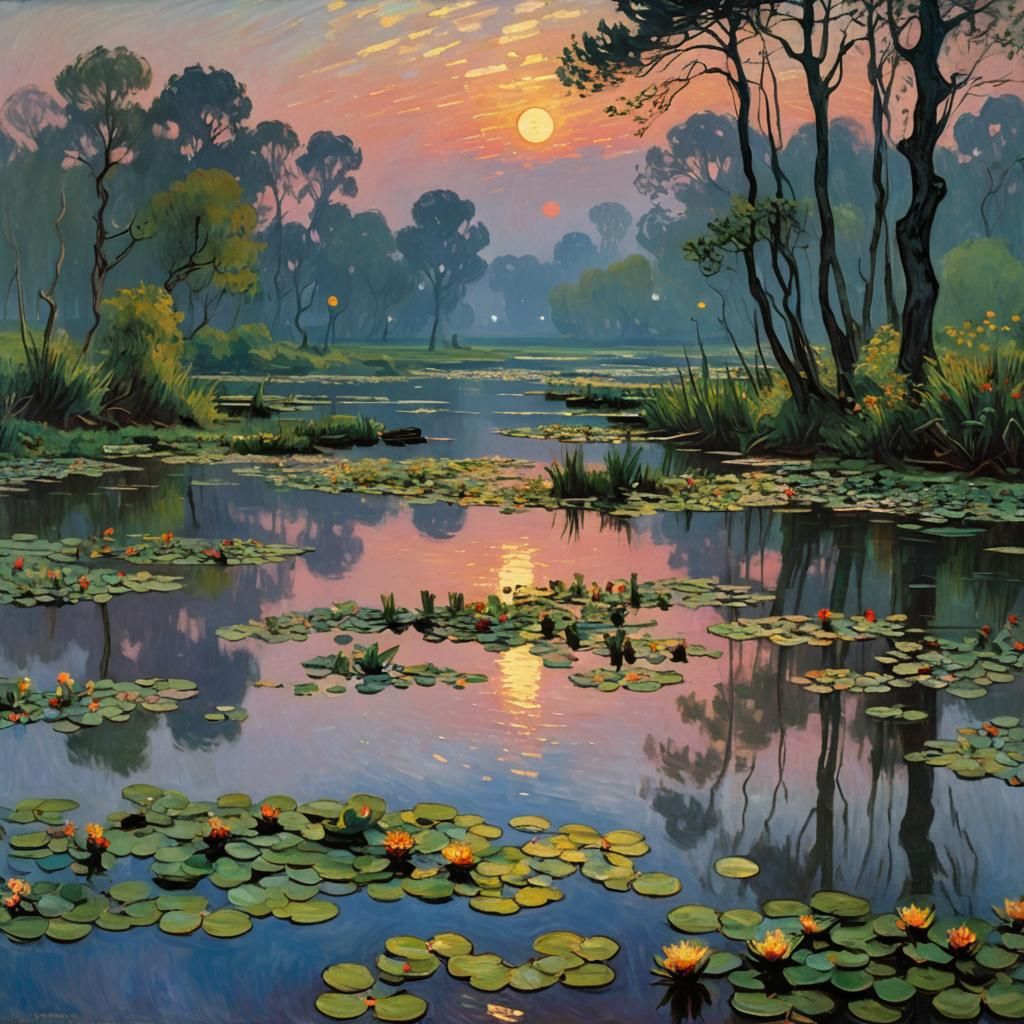 The nenuphars (light at dawn:1.9) (impressionism:1.9) concep...