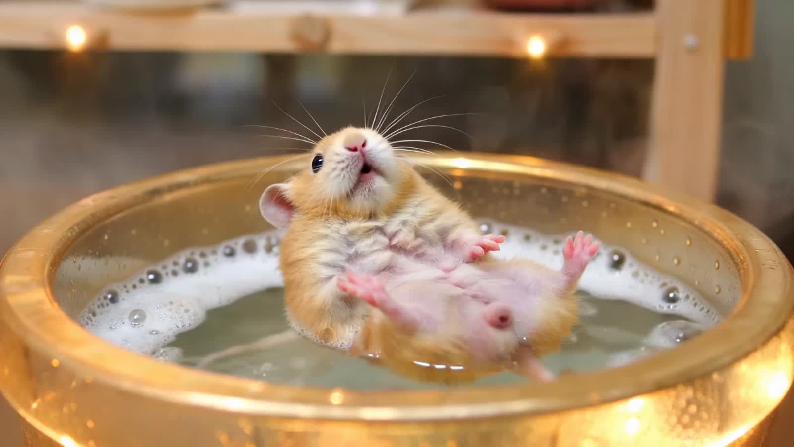 <lora:Cute Critters:1.0> Cinematic film still. Medium shot. Hamster floating on its back in a miniature hot tub. Close u...