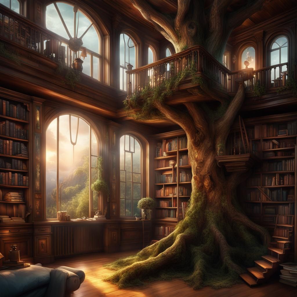 Home in a tree with bookcases and windows