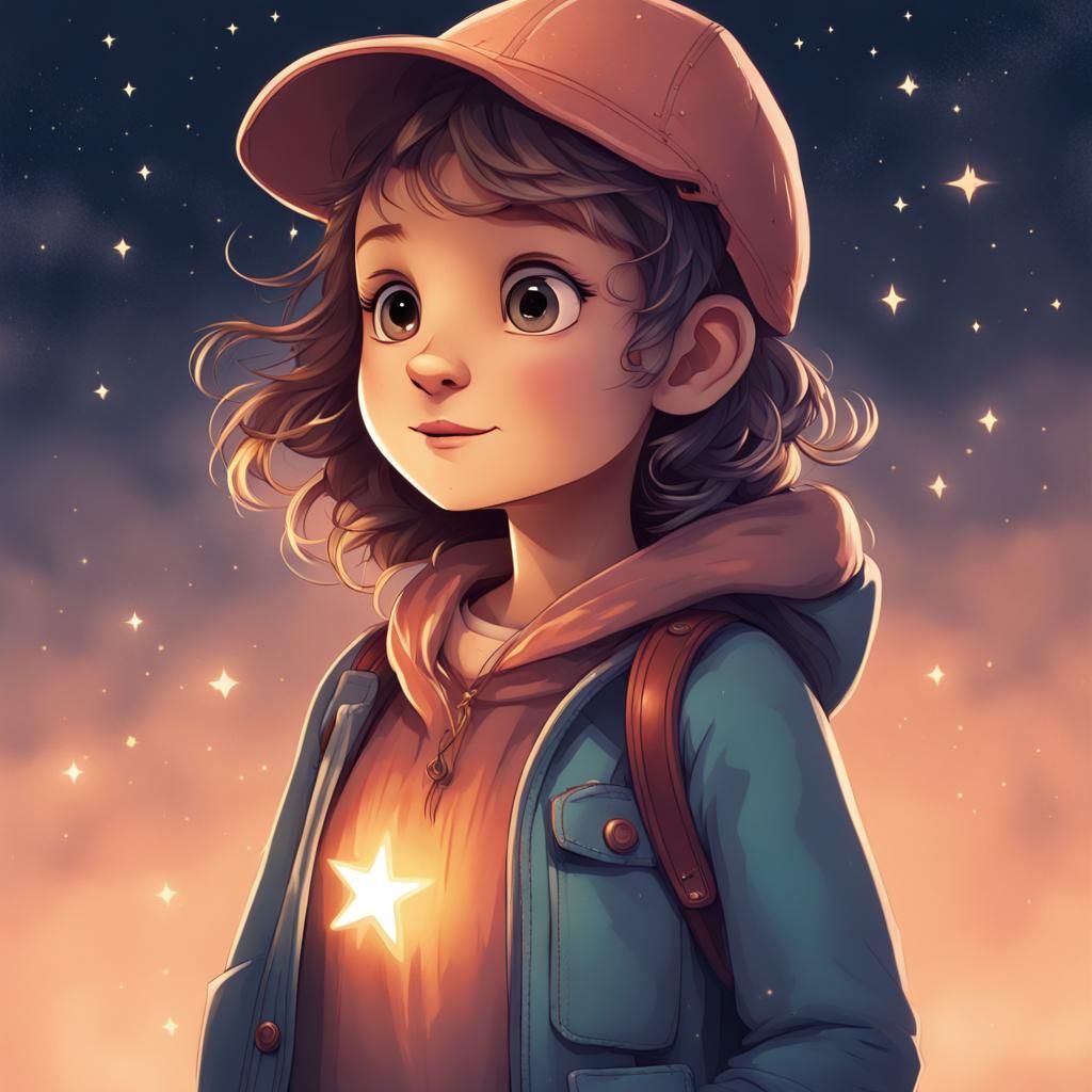 "Illustrate a small star in the sky, a bit shy but with a sp...