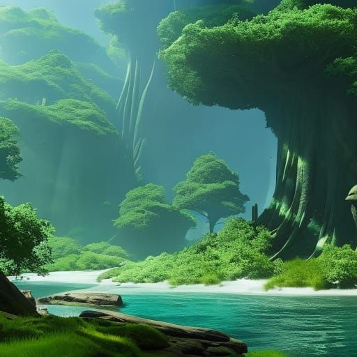 Beautiful female elves, big trees, running waters