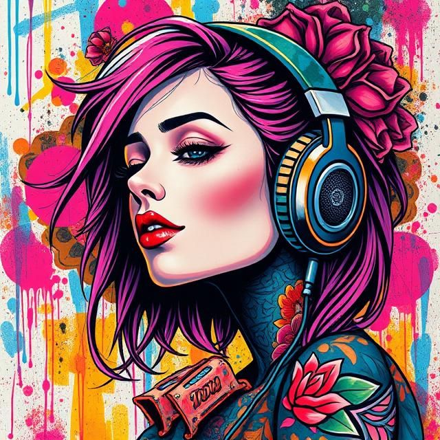 Tattooed Girl With Headphone Poster,Fantasy Art,Colorful, iPhone Wallpaper Aesthetic, Full HD
