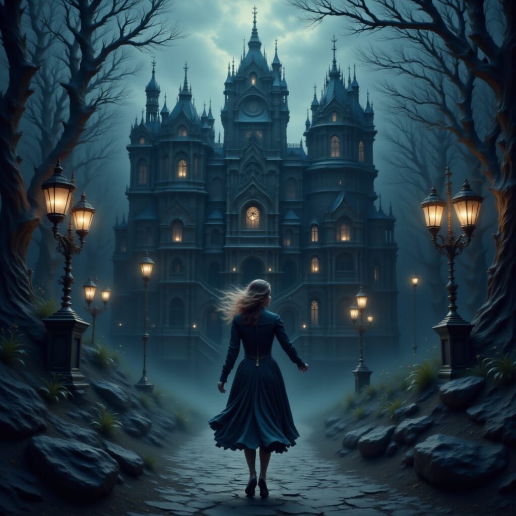 Haunting Gothic buildings with a lone woman approaching dark moody <lora:Thayosin:1.0>