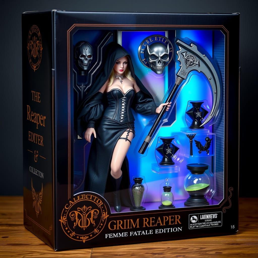A collector's edition action figure box featuring 'The Grim Reaper: Femme Fatale Edition!'  by @Leiche1408