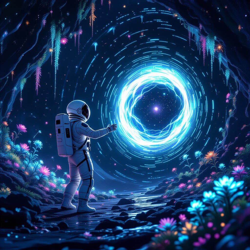 A lone astronaut floating in the void, surrounded by bioluminescent, alien flora that pulses with soft light. The astronaut is reaching out ...