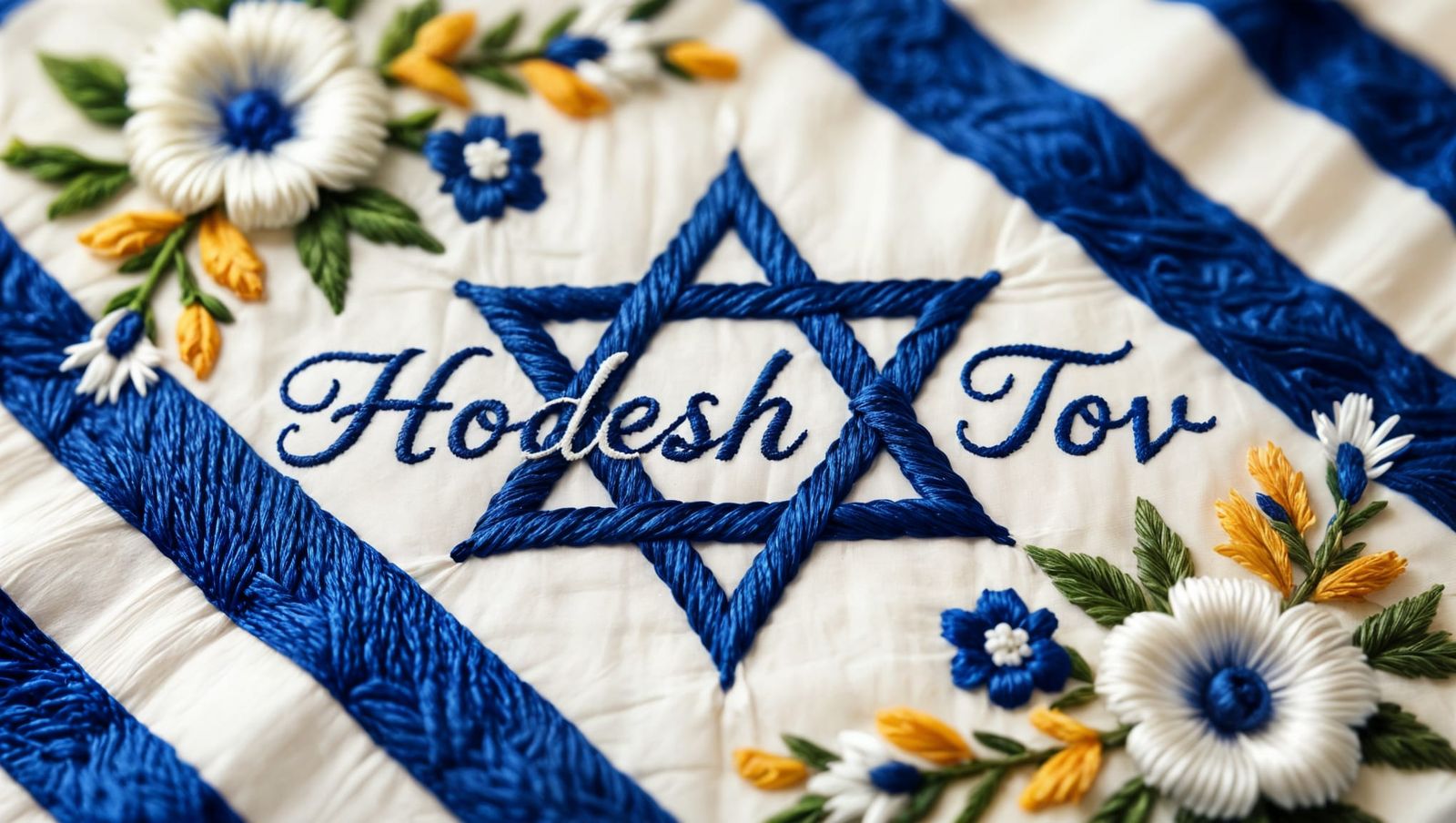 Delicate Israeli Flag Embroidery with 3D Flowers and Cursive...