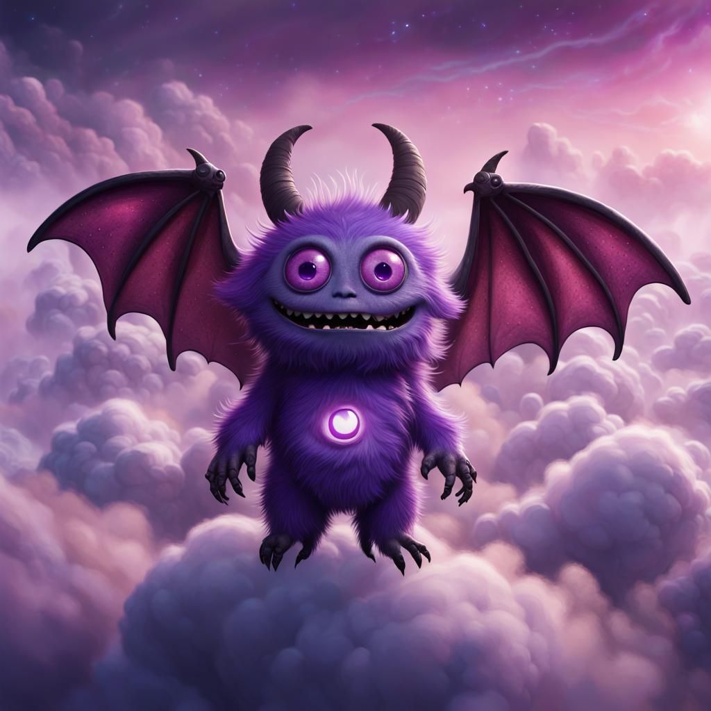 A cute, purple furry monster with four arms, huge bat ears, ...