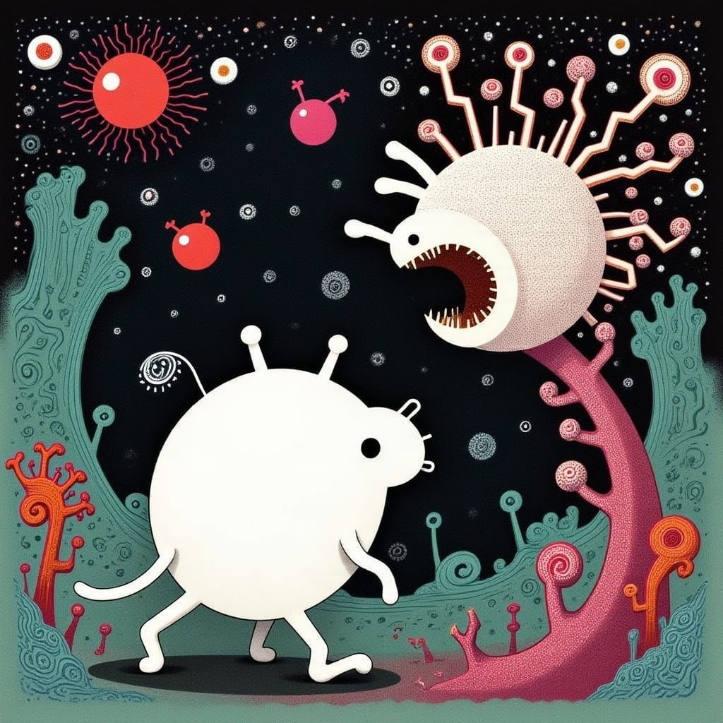 <lora:MOONMOTH SONG:1.0>  A cartoon of an anthropomorphic white circular character walking away from a floral monster wi...