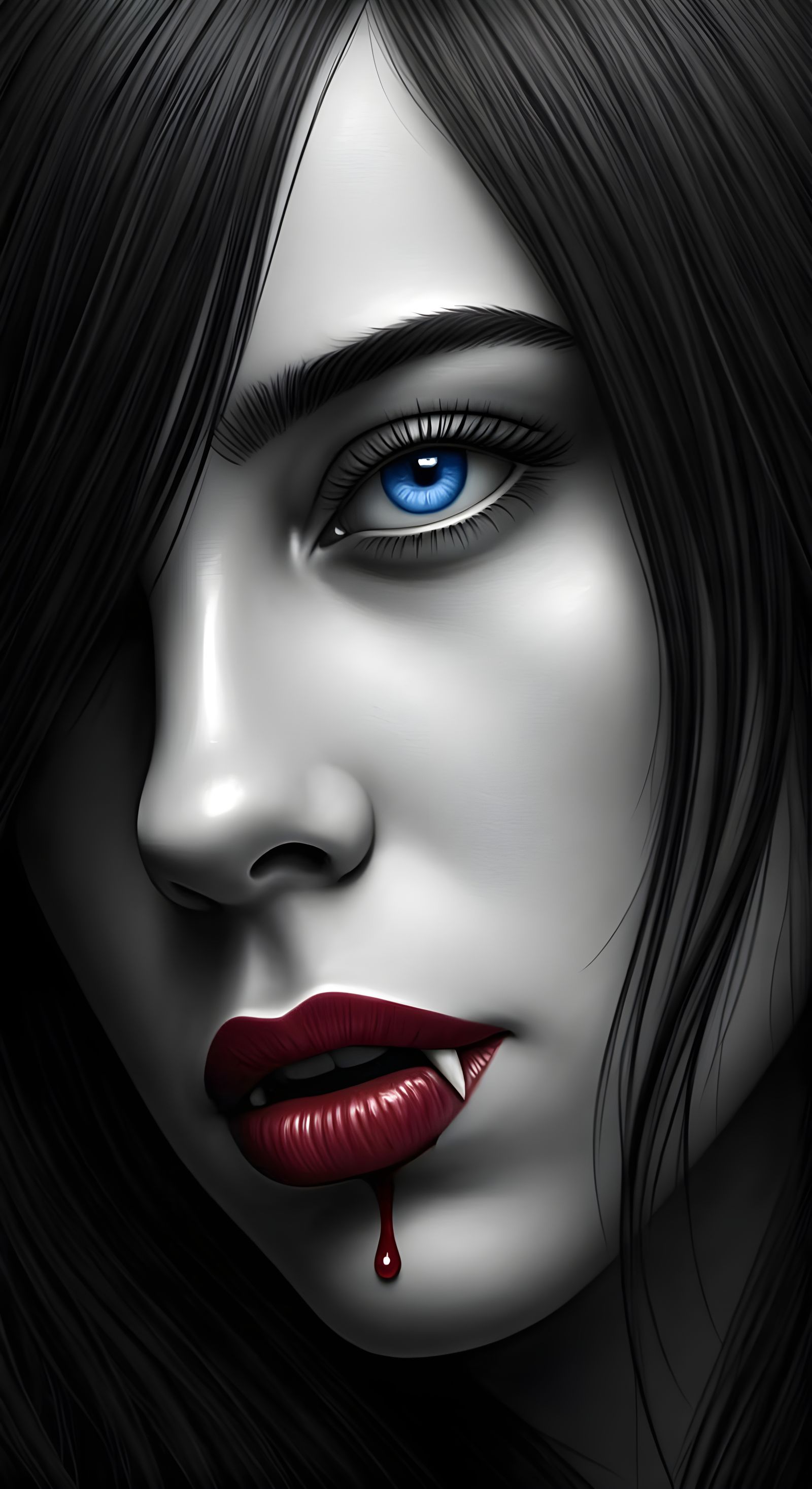 Hyper-Realistic Vampire Woman in Black and White Classic Sty...