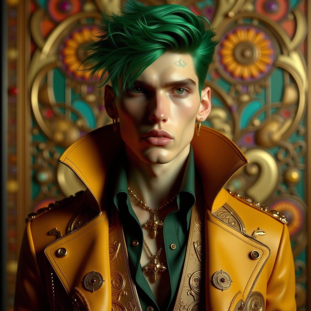 <lora:Art Nouveau Punk V2:1.0> portrait, handsome man with green hair, mustard colored art nouveau punk jacket, Klimt inspired background,...