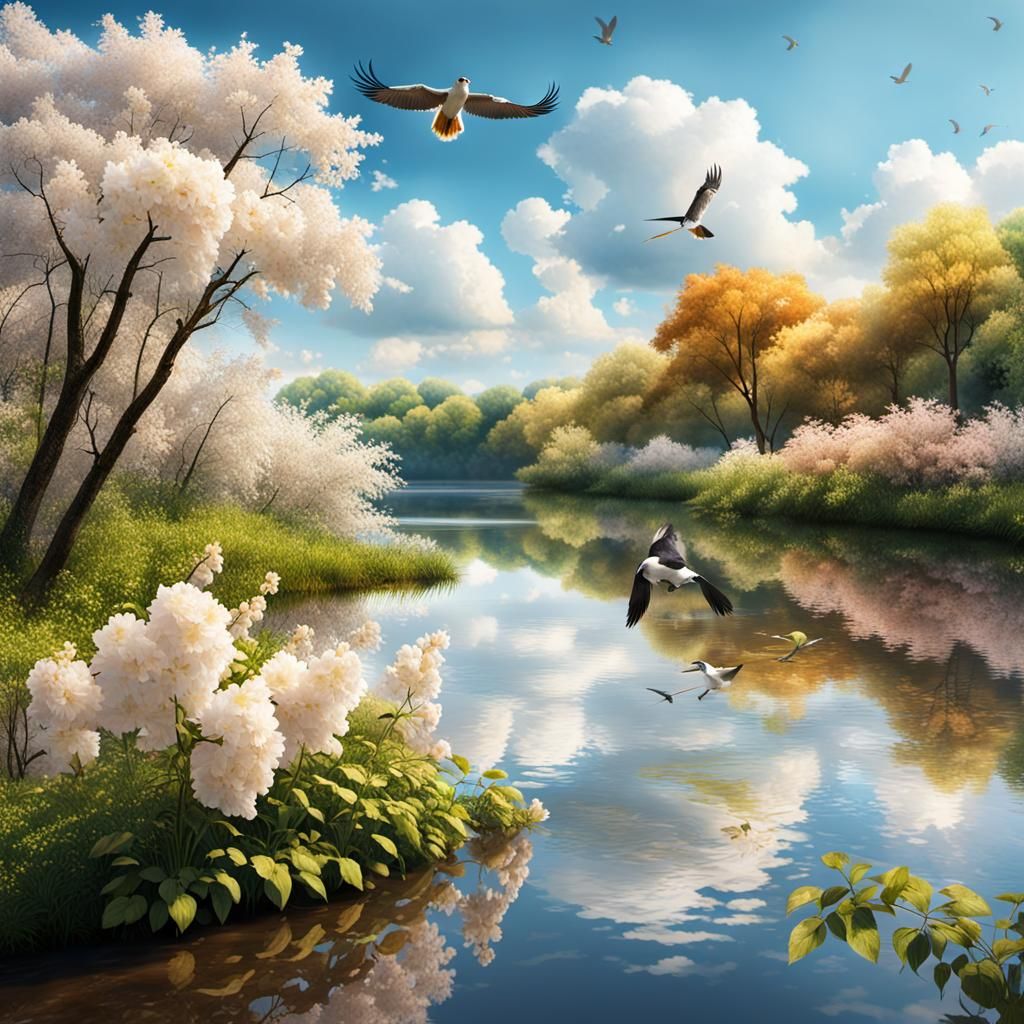 Hyper-Realistic River Landscape with Birds and Flowers