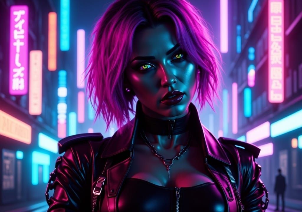 Beautiful cyberpunk lady in a cyberpunk city. Blade Eunner, Cyberpunk 2077, neon lights, neon colors <lora:Cyberneons:1.0> 