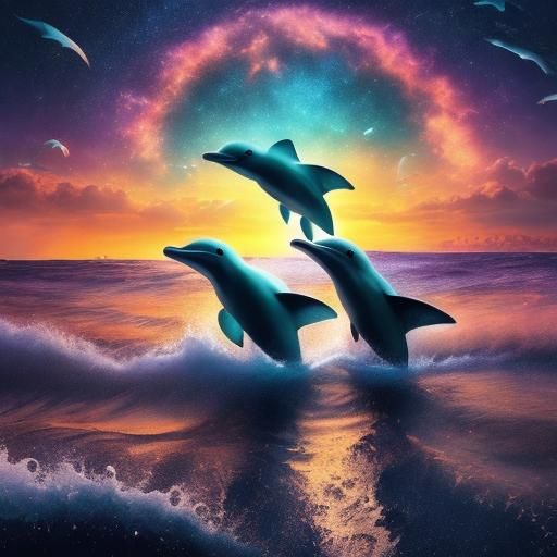 Dolphins Jumping in Starry Turquoise Sea