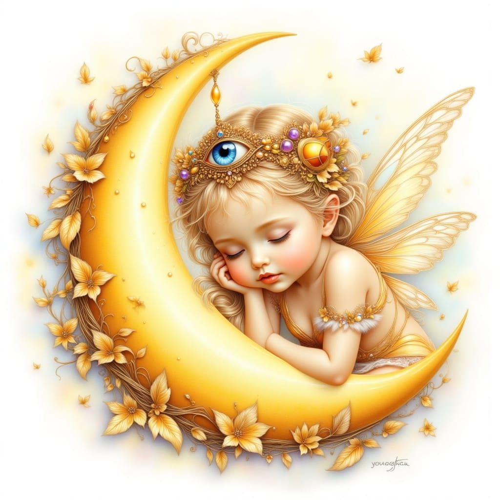 Whimsical Fairy Embracing a Golden Moon