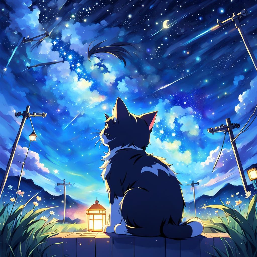 Cute Anime Cat Watches Starry Galaxy Night