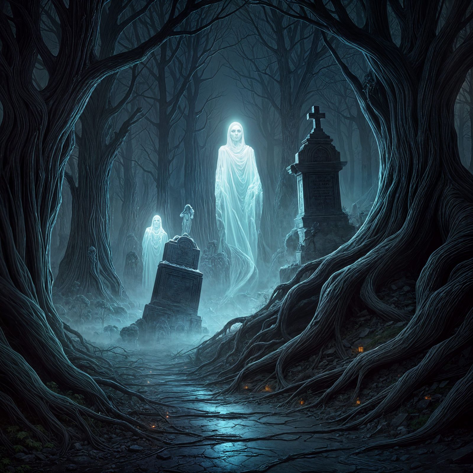 Ein nebliger Friedhof, wo Geister aus der Erde aufsteigen. intricately detailed Horror action painting ...  by @Miss Wunderlich