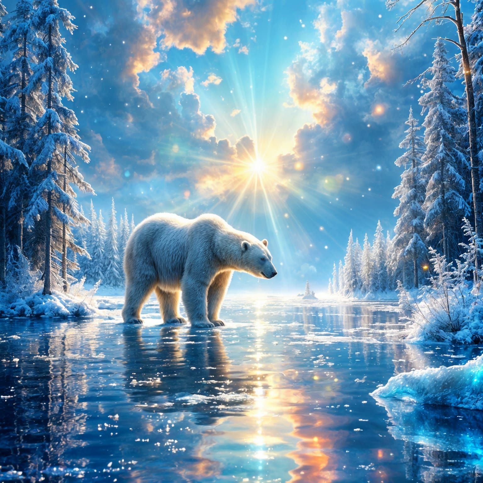 <lora:Exquisite Flux:1.0> A majestic polar bear standing in its icy arctic habitat with vibrant colored ...  by @FluffWuff