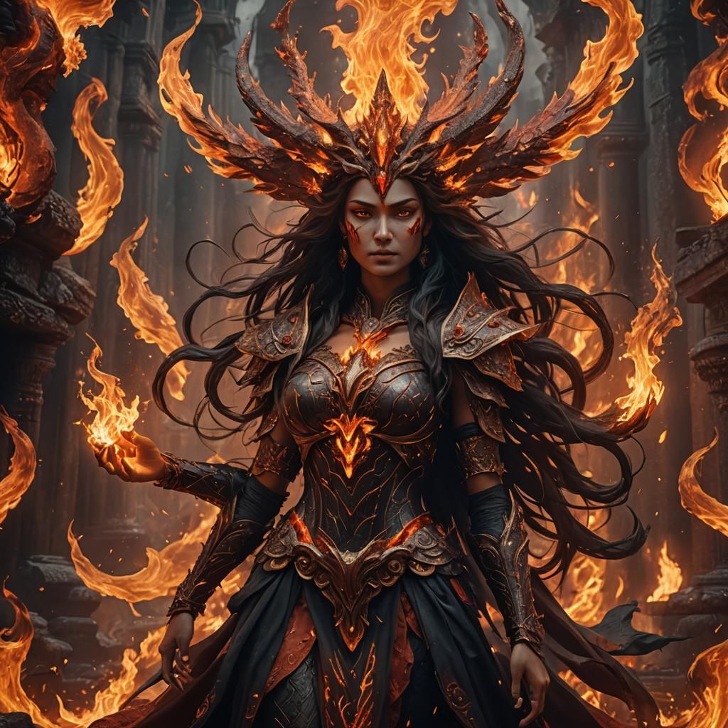 "The goddess of fire and flames appears as a true deity with...