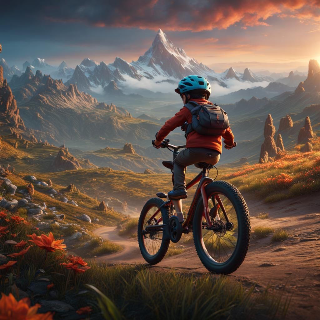 Niño corriendo bicicleta en la montaña