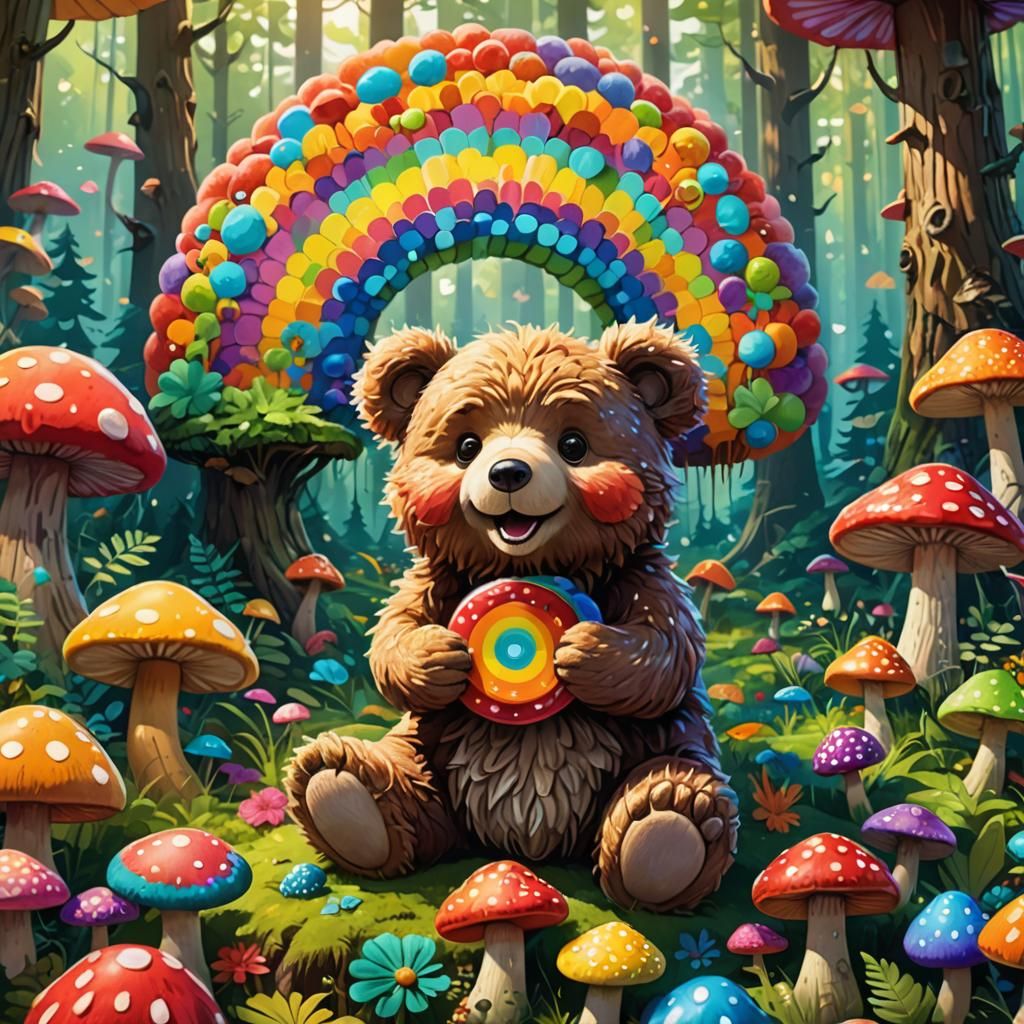 A psychadelic, trippy, swirly, rainbow colored, happy, long fuzzy haired, female, teddy bear eating a large psychadelic, trippy, rainbow pol...