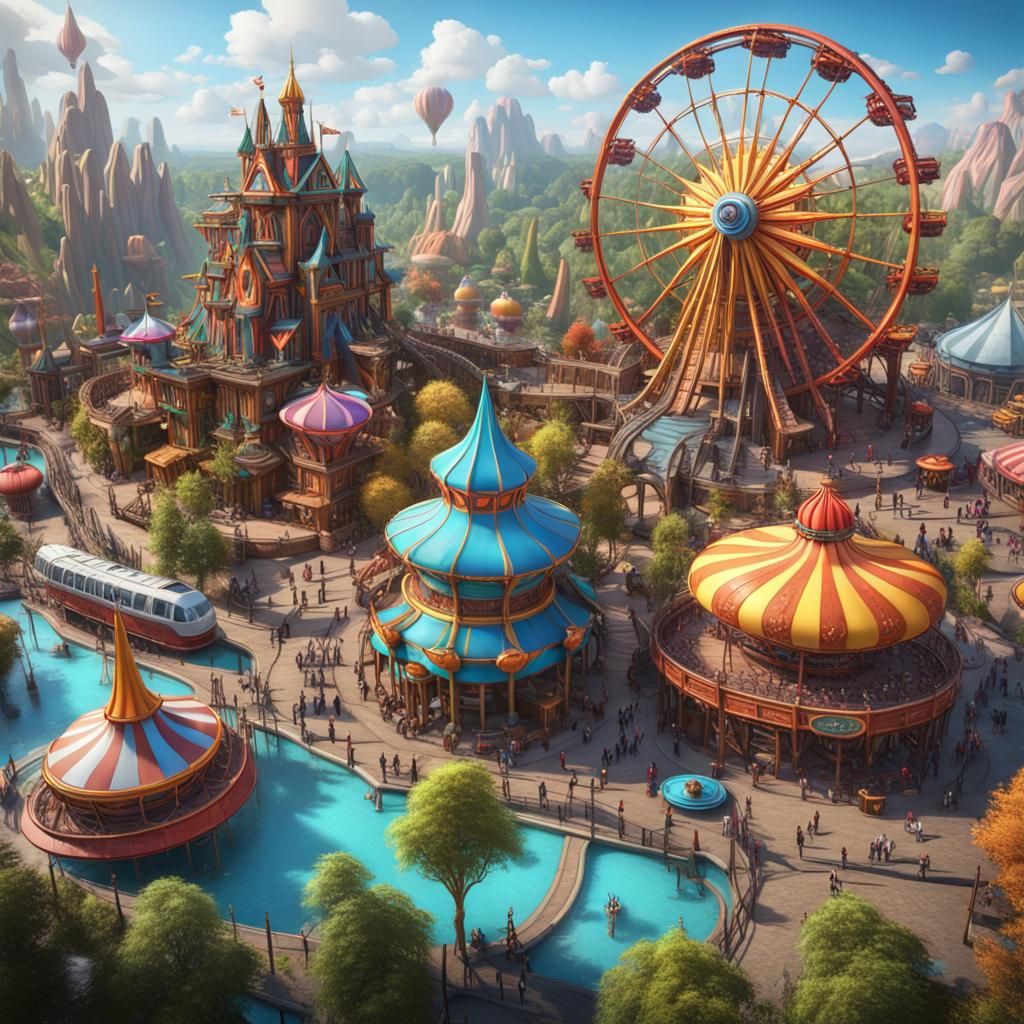 public theme park, beautiful bright surrounding, highly detailed, entertainment, amusement, rides, food, ...  by @Uttia Majumdar