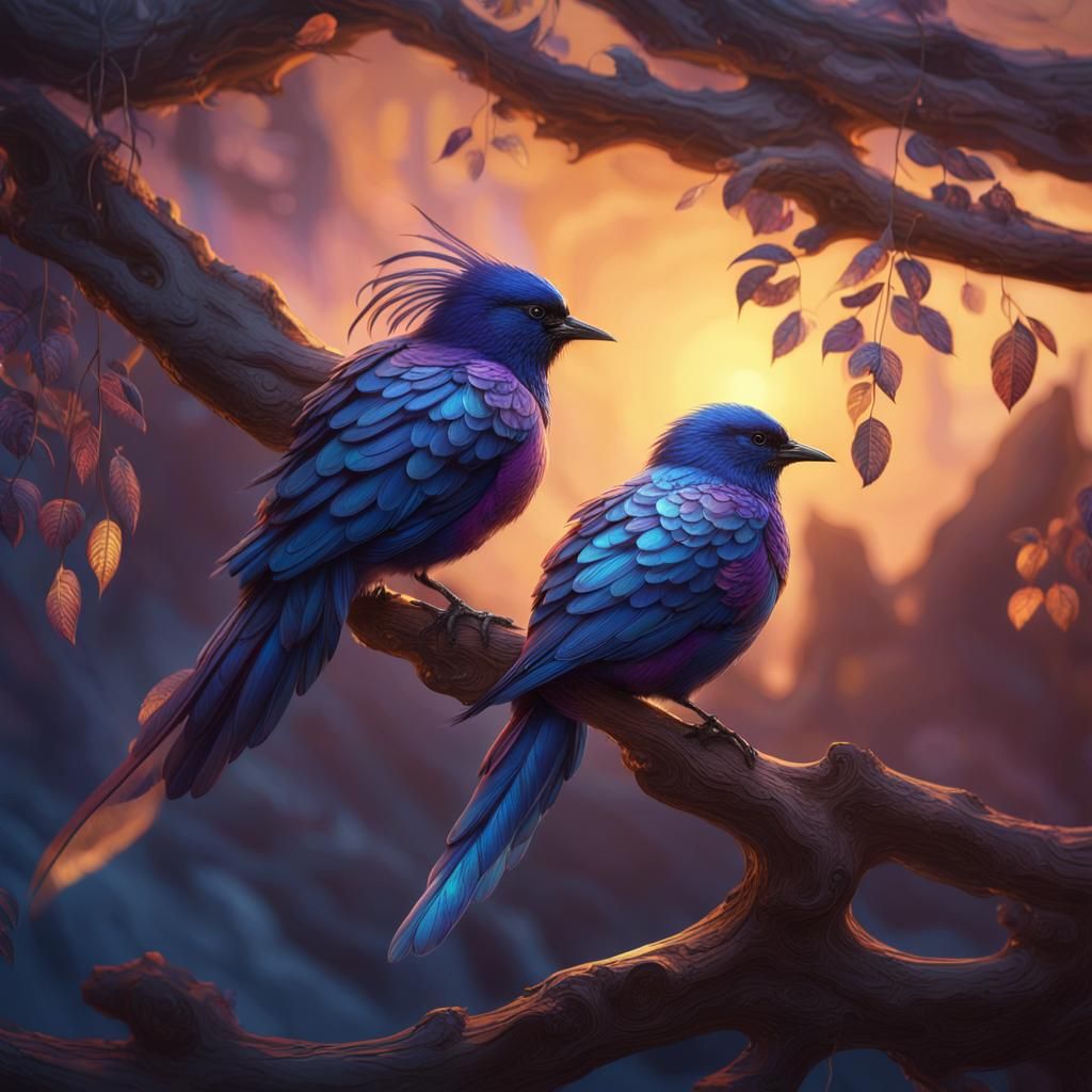 Iridescent Bird on Branch in Fantasy Landscape