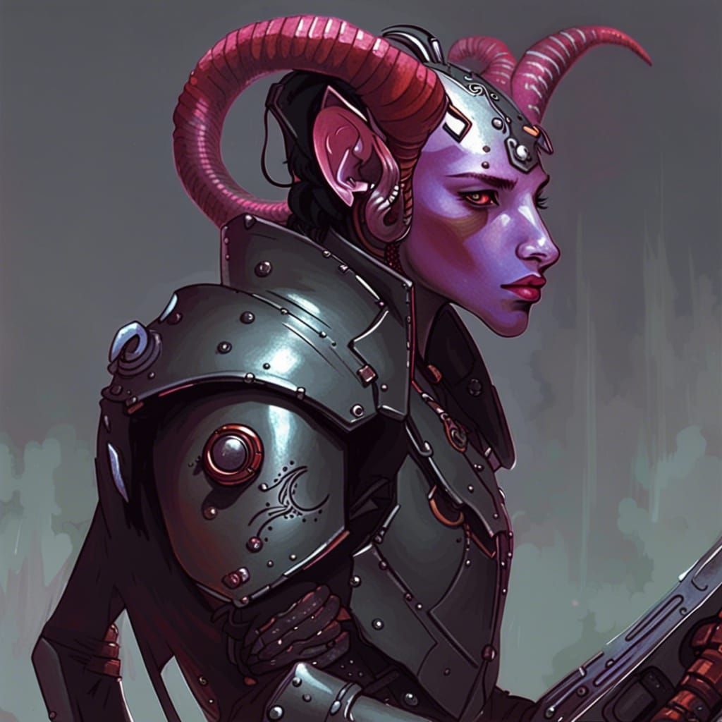 A tiefling from dungeons and dragons wearing cybernetic armo...