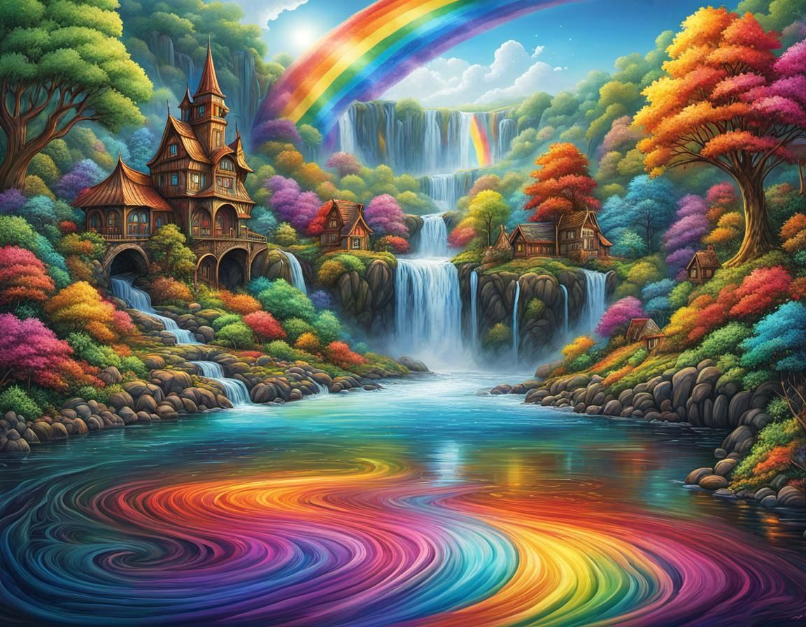 Rainbow Village Illustration in Fantasy Art Style