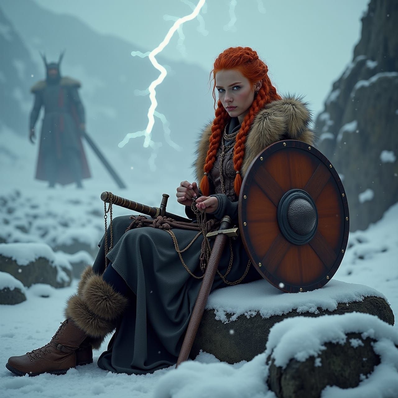 A Viking shield-maiden in the snowy mountains