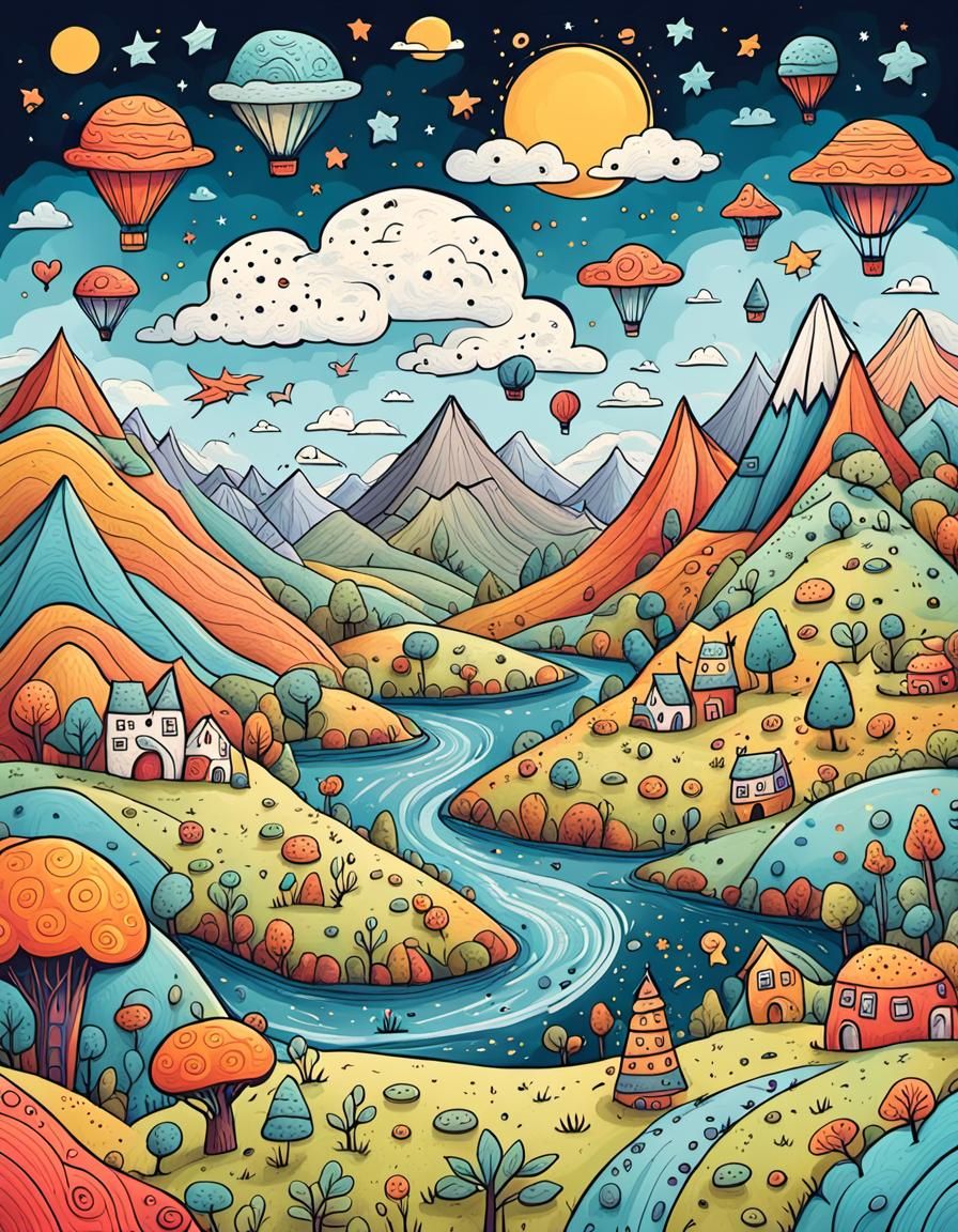 A playful, imaginative doodle world filled with whimsical landscapes and quirky characters. Rolling hills ...  by @CavDad 
